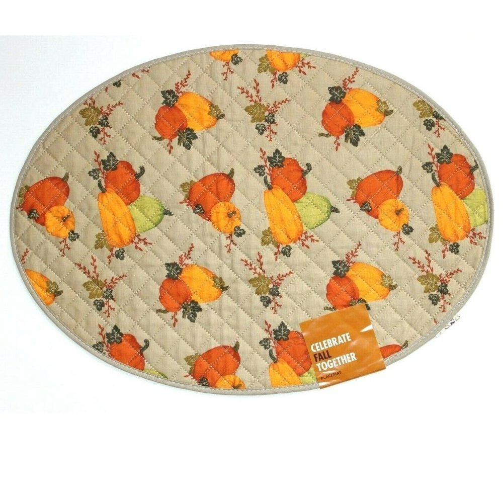 Celebrate Fall Together Quilted Pumpkin Oval Placemat - Size: 13" x 18"